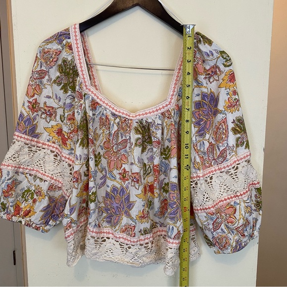 Christian Siriano Cropped Blouse Women's XL Linen Floral Crochet Boho Hippie Top - Picture 3 of 9